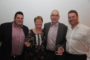 : L-R; Andre Gargiulo, Cerebos Greggs Ltd, Country Manager, Fiona Stirling and Graeme Stirling, owners of Robert Harris Cafe Ashburton, Franchisees of the Year and Sales Growth Award winners, Terry Svenson, CEO Cerebos ANZ.